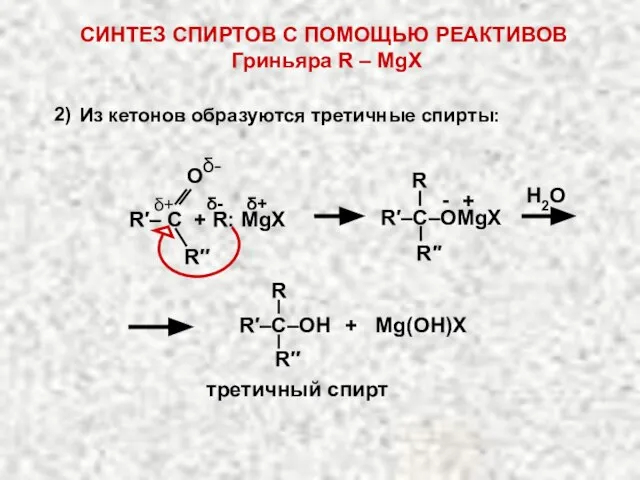 Н2О R′′ R R′–C–OMgX δ- δ+ δ+ R′′ О δ- R′– C