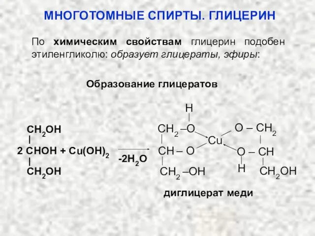 Образование глицератов диглицерат меди -2H2O 2 CHOH + Cu(OH)2 CH2OH CH2OH H