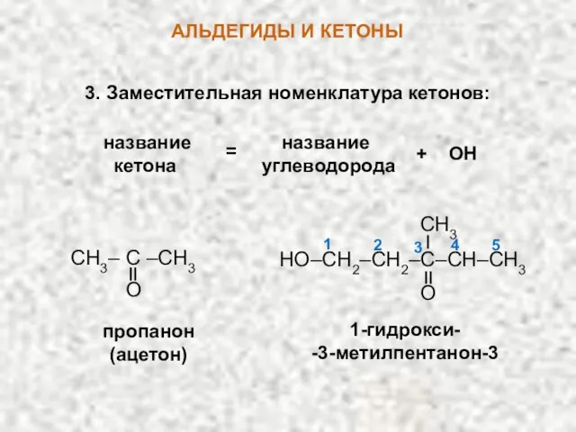 АЛЬДЕГИДЫ И КЕТОНЫ название название кетона углеводорода = + ОН CH3– C
