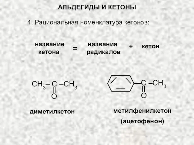 АЛЬДЕГИДЫ И КЕТОНЫ 4. Рациональная номенклатура кетонов: название названия кетона радикалов =