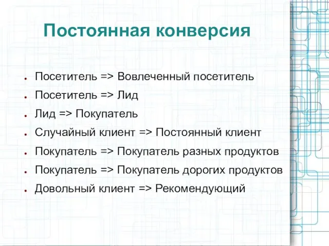 Постоянная конверсия Посетитель => Вовлеченный посетитель Посетитель => Лид Лид => Покупатель