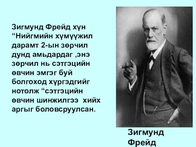 Зигмунд Фрейд /1856-1939/ Зигмунд Фрейд хүн “Нийгмийн хүмүүжил дарамт 2-ын зөрчил дунд