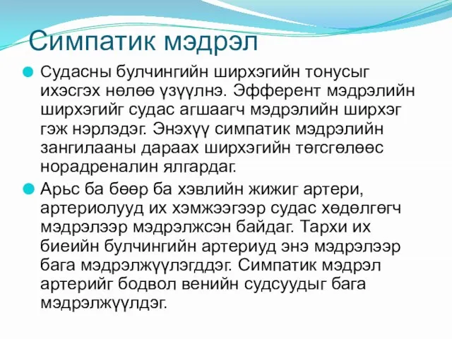 Симпатик мэдрэл Судасны булчингийн ширхэгийн тонусыг ихэсгэх нөлөө үзүүлнэ. Эфферент мэдрэлийн ширхэгийг