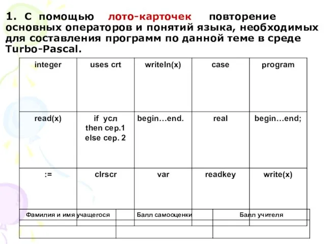 1. С помощью лото-карточек повторение основных операторов и понятий языка, необходимых для