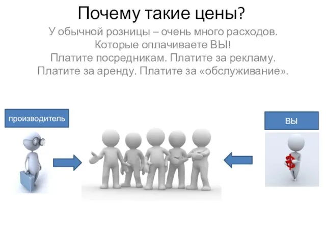 Почему такие цены? У обычной розницы – очень много расходов. Которые оплачиваете