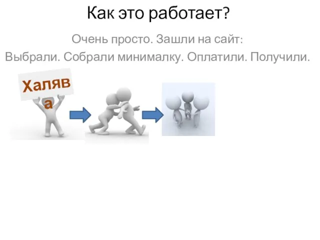 Как это работает? Очень просто. Зашли на сайт: Выбрали. Собрали минималку. Оплатили. Получили. Халява