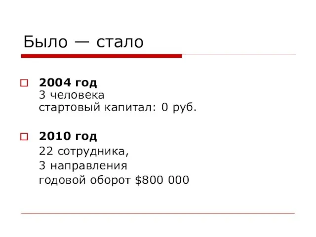 Было — стало 2004 год 3 человека стартовый капитал: 0 руб. 2010