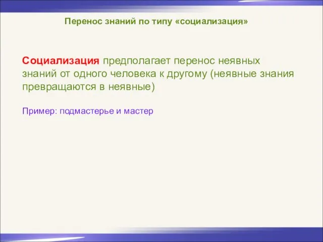 Перенос знаний по типу «социализация» Социализация предполагает перенос неявных знаний от одного