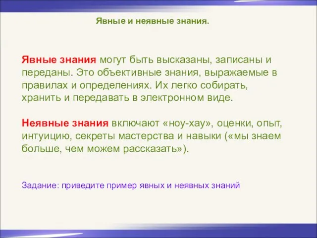 Явные и неявные знания. Явные знания могут быть высказаны, записаны и переданы.