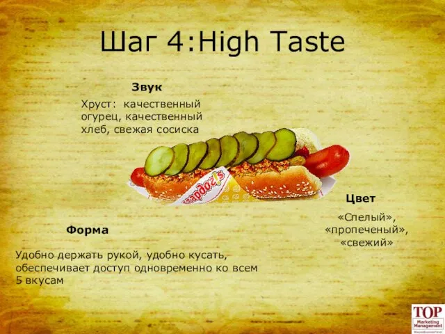 Шаг 4:High Taste Звук Цвет Хруст: качественный огурец, качественный хлеб, свежая сосиска