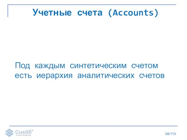 /113 Учетные счета (Accounts) Под каждым синтетическим счетом есть иерархия аналитических счетов