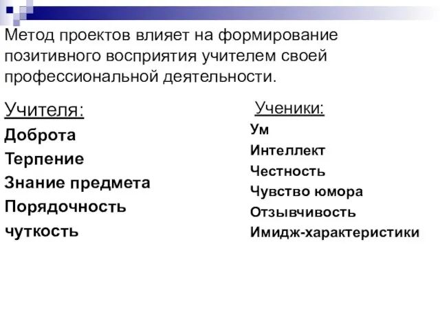 Метод проектов влияет на формирование позитивного восприятия учителем своей профессиональной деятельности. Учителя: