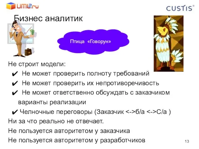 Бизнес аналитик Не строит модели: Не может проверить полноту требований Не может