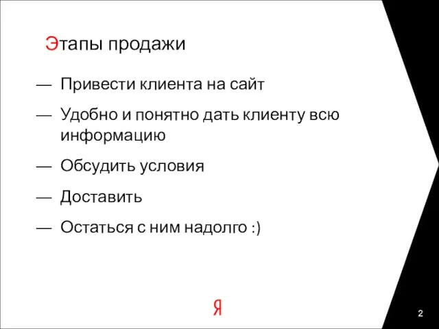 Этапы продажи Привести клиента на сайт Удобно и понятно дать клиенту всю