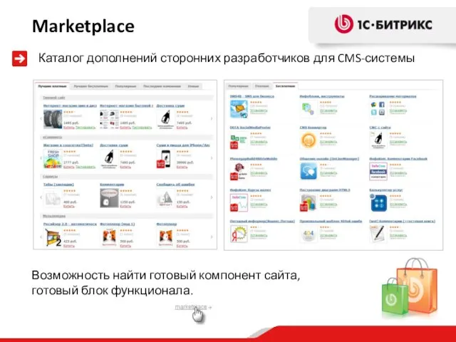 Каталог дополнений сторонних разработчиков для CMS-системы Marketplace Возможность найти готовый компонент сайта, готовый блок функционала.