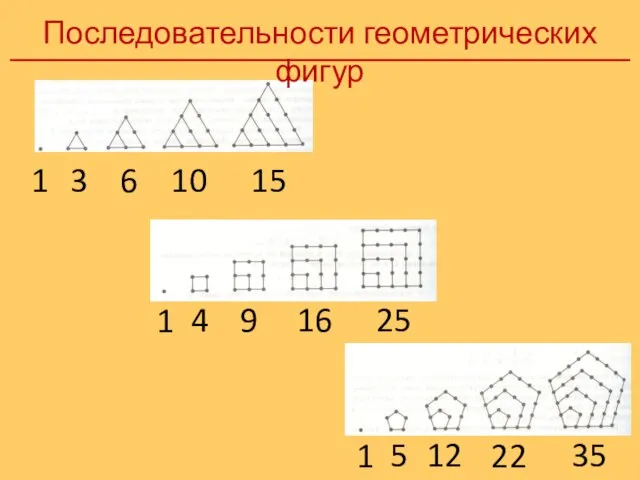 Последовательности геометрических фигур 1 3 6 10 15 1 1 9 16
