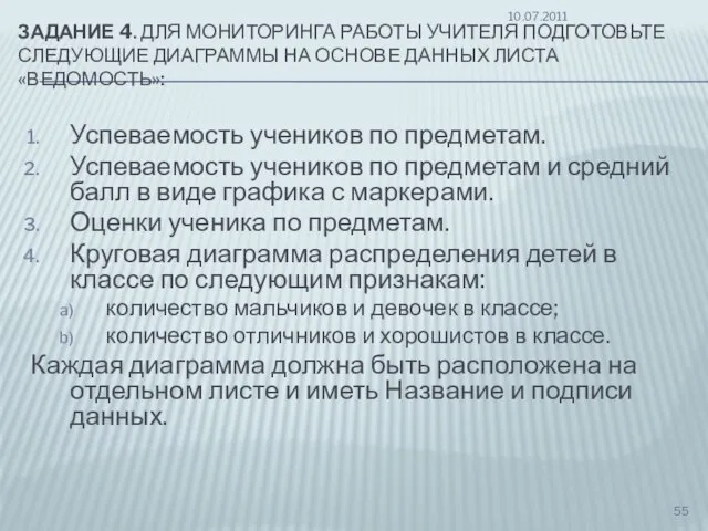 ЗАДАНИЕ 4. ДЛЯ МОНИТОРИНГА РАБОТЫ УЧИТЕЛЯ ПОДГОТОВЬТЕ СЛЕДУЮЩИЕ ДИАГРАММЫ НА ОСНОВЕ ДАННЫХ