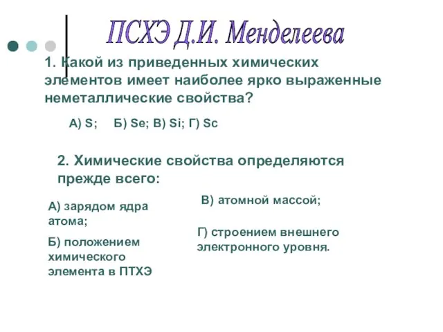 ПСХЭ Д.И. Менделеева 1. Какой из приведенных химических элементов имеет наиболее ярко