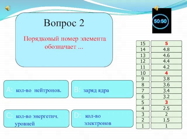 Вопрос 2 Порядковый номер элемента обозначает … B: заряд ядра A: кол-во