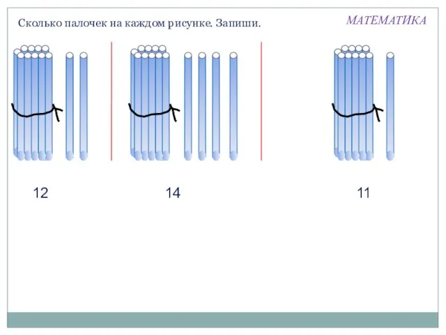 Сколько палочек на каждом рисунке. Запиши. 12 14 11 МАТЕМАТИКА