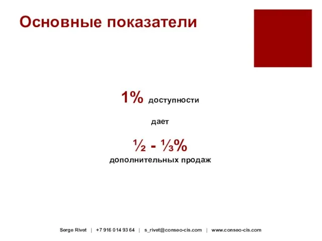 Основные показатели 1% доступности дает ½ - ⅓% дополнительных продаж Serge Rivet