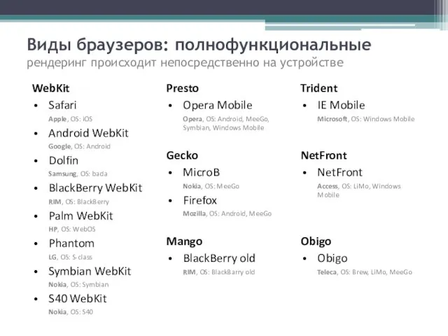 Виды браузеров: полнофункциональные рендеринг происходит непосредственно на устройстве WebKit Safari Apple, OS:
