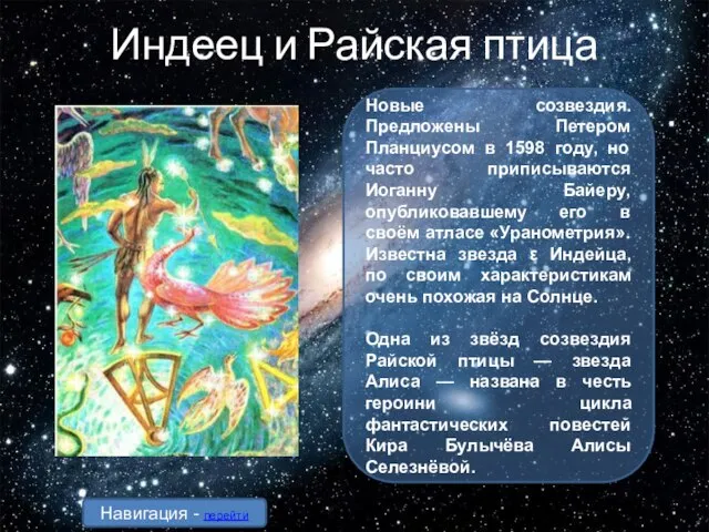 Индеец и Райская птица Новые созвездия. Предложены Петером Планциусом в 1598 году,