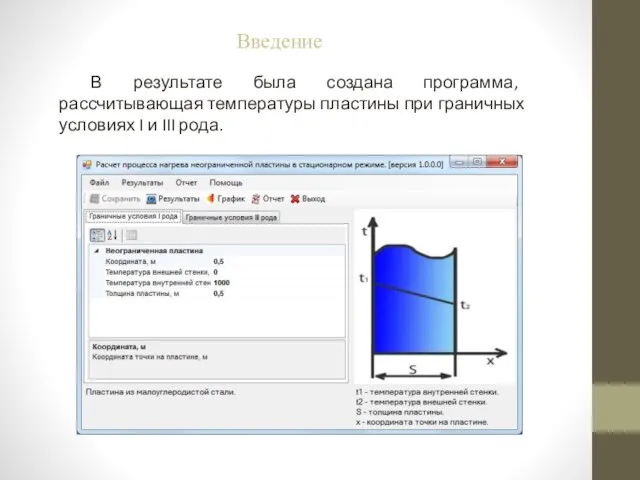 В результате была создана программа, рассчитывающая температуры пластины при граничных условиях I и III рода. Введение