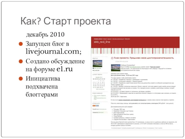 Как? Старт проекта декабрь 2010 Запущен блог в livejournal.com; Создано обсуждение на