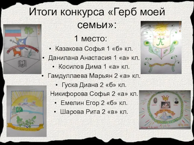 Итоги конкурса «Герб моей семьи»: 1 место: Казакова Софья 1 «б» кл.