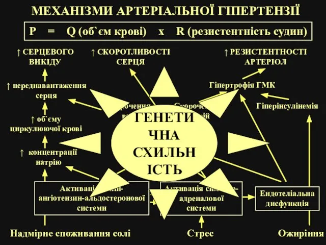 МЕХАНІЗМИ АРТЕРІАЛЬНОЇ ГІПЕРТЕНЗІЇ Р = Q (об`єм крові) x R (резистентність судин)