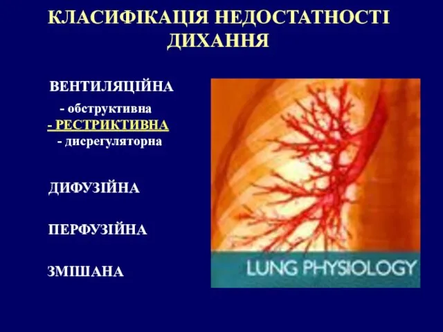 КЛАСИФІКАЦІЯ НЕДОСТАТНОСТІ ДИХАННЯ ВЕНТИЛЯЦІЙНА ПЕРФУЗІЙНА ДИФУЗІЙНА обструктивна - РЕСТРИКТИВНА - дисрегуляторна ЗМІШАНА