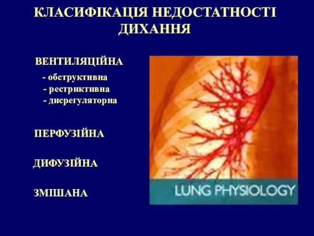 КЛАСИФІКАЦІЯ НЕДОСТАТНОСТІ ДИХАННЯ ВЕНТИЛЯЦІЙНА ПЕРФУЗІЙНА ДИФУЗІЙНА обструктивна - рестриктивна - дисрегуляторна ЗМІШАНА