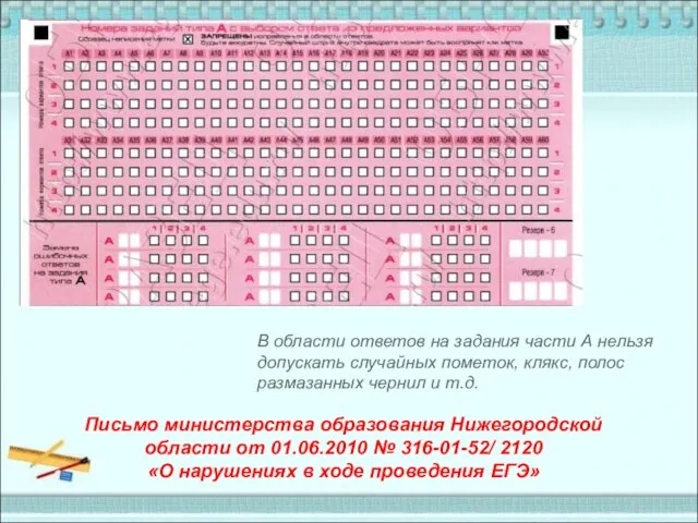 В области ответов на задания части А нельзя допускать случайных пометок, клякс,