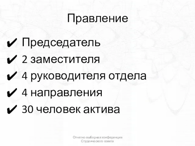 Правление Председатель 2 заместителя 4 руководителя отдела 4 направления 30 человек актива Отчетно-выборная конференция Студенческого совета