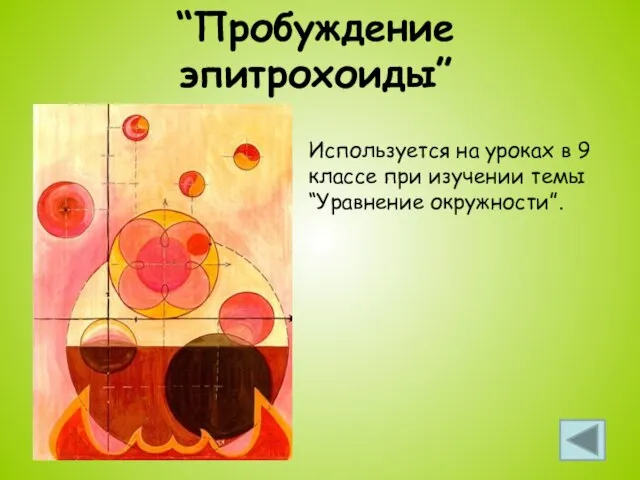 “Пробуждение эпитрохоиды” Используется на уроках в 9 классе при изучении темы “Уравнение окружности”.