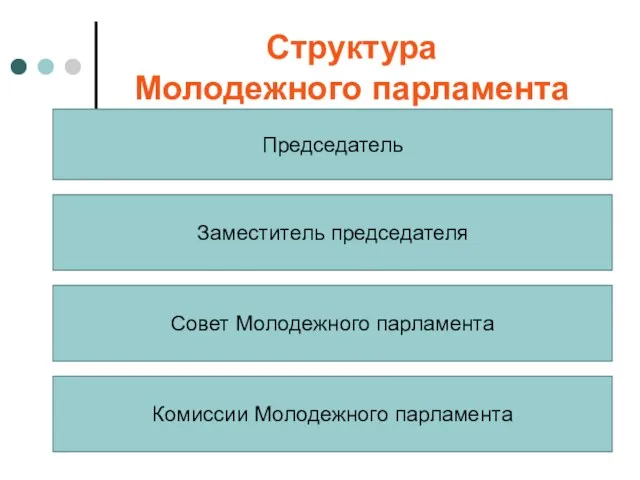 Структура Молодежного парламента Председатель Совет Молодежного парламента Комиссии Молодежного парламента Заместитель председателя