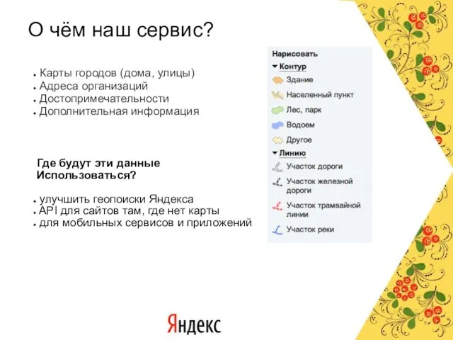 О чём наш сервис? Карты городов (дома, улицы) Адреса организаций Достопримечательности Дополнительная