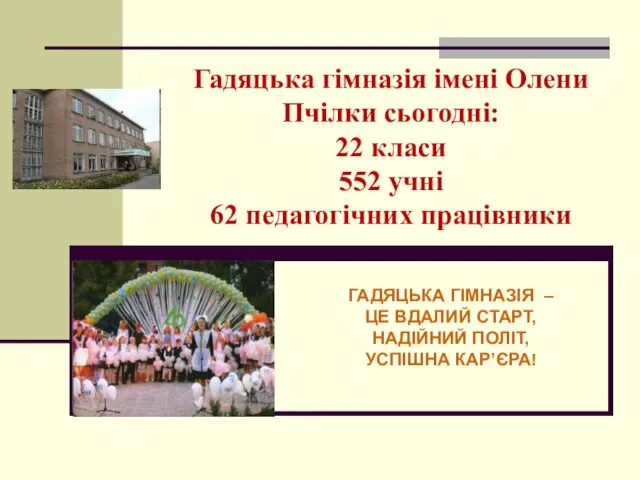 Гадяцька гімназія імені Олени Пчілки сьогодні: 22 класи 552 учні 62 педагогічних