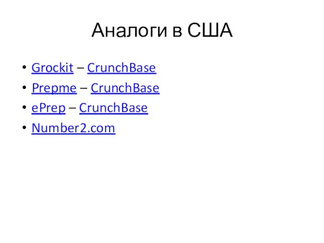 Аналоги в США Grockit – CrunchBase Prepme – CrunchBase ePrep – CrunchBase Number2.com