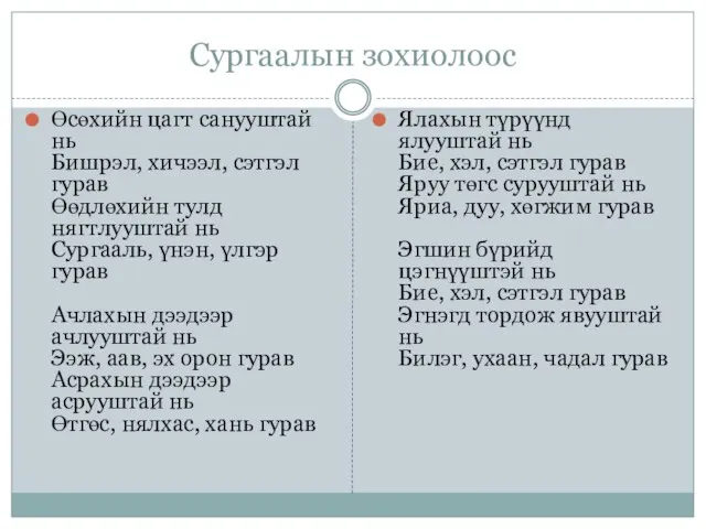 Сургаалын зохиолоос Өсөхийн цагт санууштай нь Бишрэл, хичээл, сэтгэл гурав Өөдлөхийн тулд