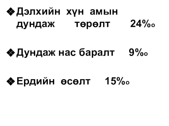 Дэлхийн хүн амын дундаж төрөлт 24%о Дундаж нас баралт 9%о Ердийн өсөлт 15%о