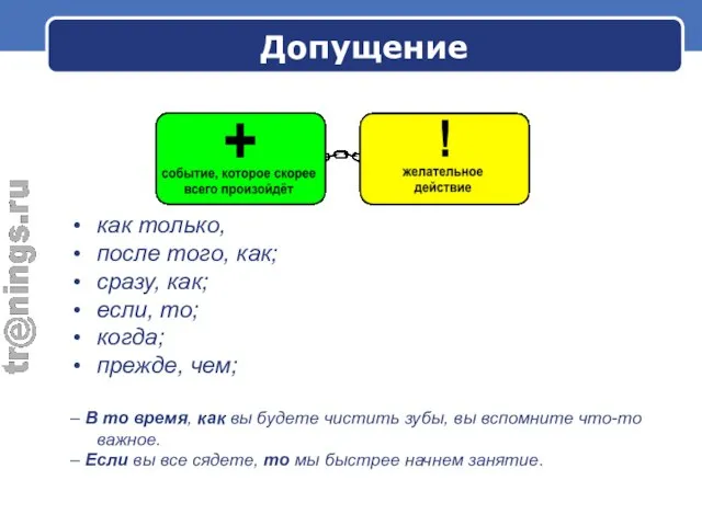 Допущение как только, после того, как; сразу, как; если, то; когда; прежде,