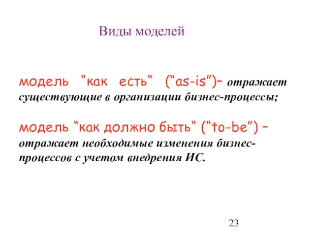 Виды моделей модель “как есть“ (“as-is”)– отражает существующие в организации бизнес-процессы; модель