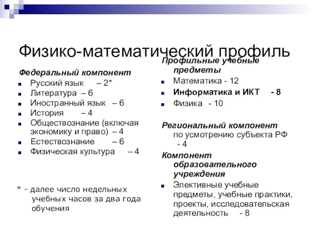 Физико-математический профиль Федеральный компонент Русский язык – 2* Литература – 6 Иностранный