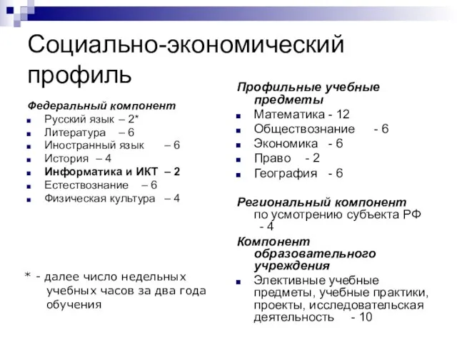 Социально-экономический профиль Федеральный компонент Русский язык – 2* Литература – 6 Иностранный