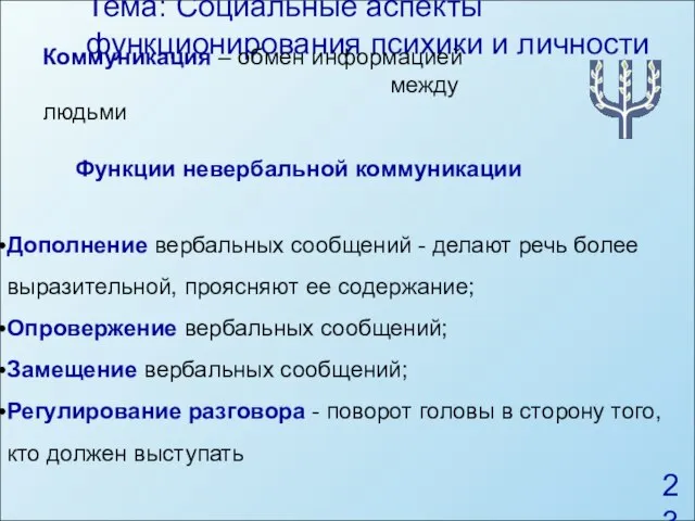 Тема: Социальные аспекты функционирования психики и личности Функции невербальной коммуникации Дополнение вербальных