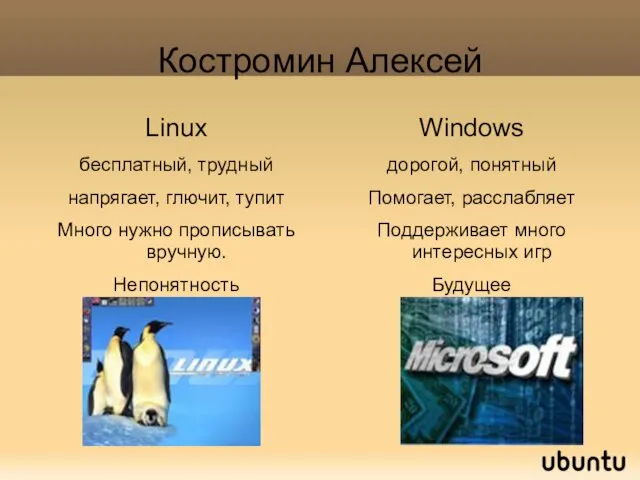Костромин Алексей Linux бесплатный, трудный напрягает, глючит, тупит Много нужно прописывать вручную.