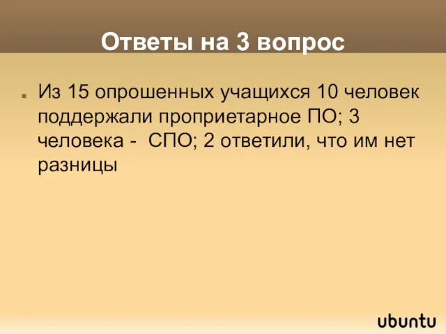 Ответы на 3 вопрос Из 15 опрошенных учащихся 10 человек поддержали проприетарное