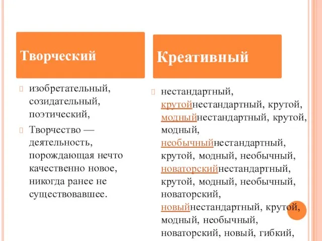 изобретательный, созидательный, поэтический, Творчество — деятельность, порождающая нечто качественно новое, никогда ранее